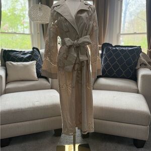 Avec Les Filles Beige Embroidered Trench Coat with Tie Belt
